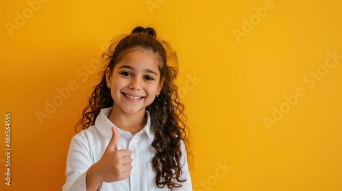 Smiling young schoolgirl gesturing towards copy space with thumb on yellow backdrop