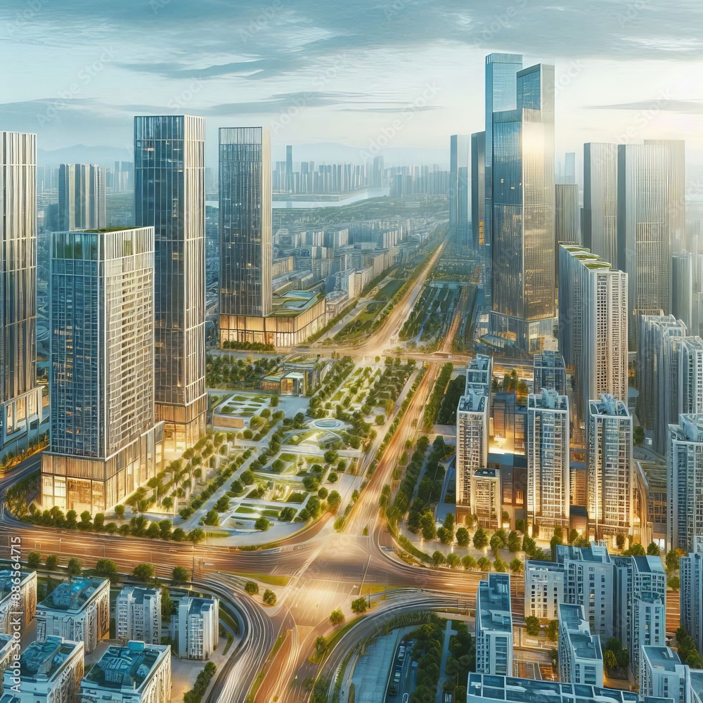 Obraz premium Современный городской пейзаж с высотными зданиями, улицами и парками. 