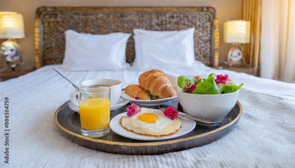 Traditional romantic breakfast in bed in white and beige bedroom Traditional romantic breakfast in bed in white and beige bedroom