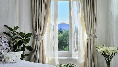 Bright interior, window with curtains, white window sill, room, home