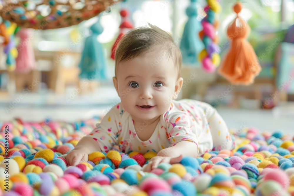Baby practicing crawling on a colorful carpet, lively and cheerful atmosphere, Baby Exercise, concept of mobility and exploration Baby practicing crawling on a colorful carpet, lively and cheerful atmosphere, Baby Exercise, concept of mobility and exploration
