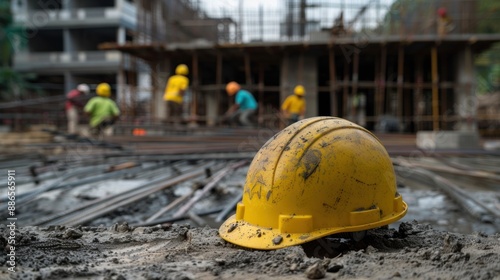 Yellow helmet on a construction site with workers in the background photo