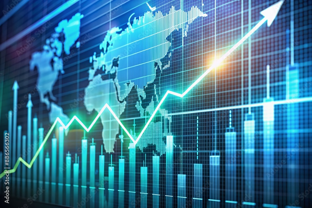 Upward trending line graph on a digital screen displays steady financial growth, with rising bars and numbers, indicating successful stock market investment and trading profits.