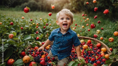 Dancing fruits around a child. Vitamins for girls and boys, berries and fruits. photo