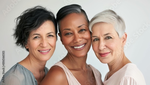 Three beautiful smiling diverse cultural middle aged woman sisters with long hair posing together. Salon Hair or skincare concept