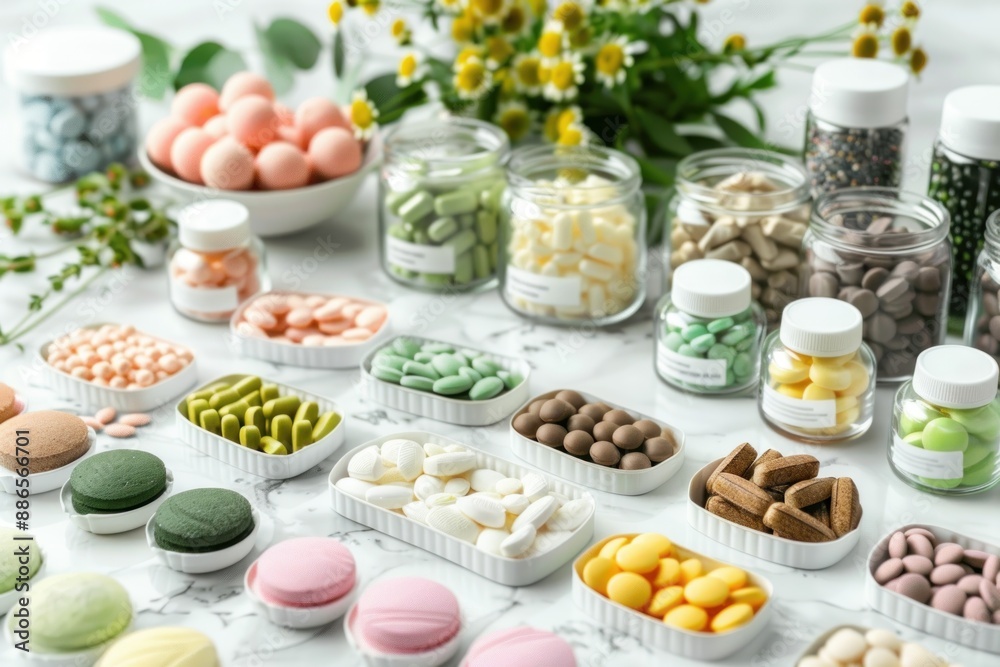 Naklejka premium Medical cannabis edibles neatly arranged on a table, clean and detailed display, Medical Cannabis Treatment, concept of alternative consumption
