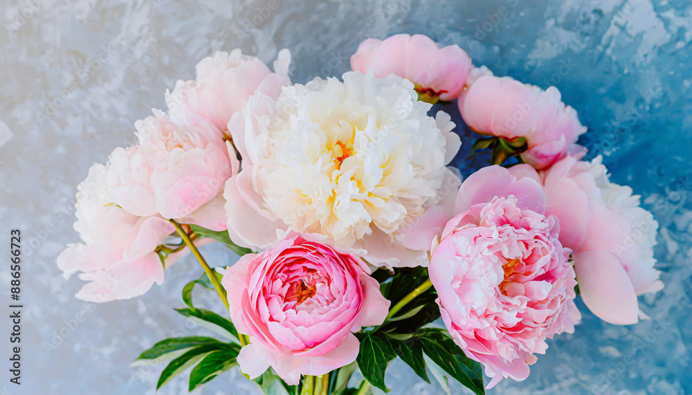 Fresh bunch of pink peonies and roses with copy space. Fresh bunch of pink peonies and roses with copy space.