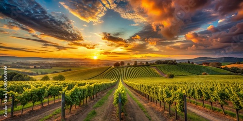 Serene evening ambiance: rows of lush vineyards stretch into the distance under a warm, vibrant sunset sky with soft golden light and gentle cloud formations.