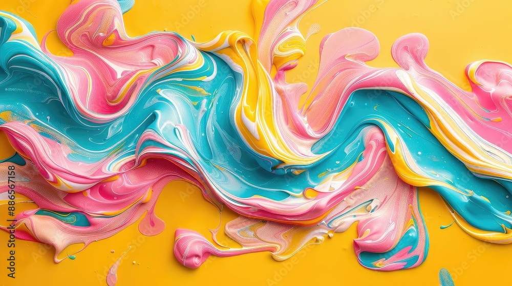 Obraz premium An abstract painting with swirls of pink, blue, and yellow paint.