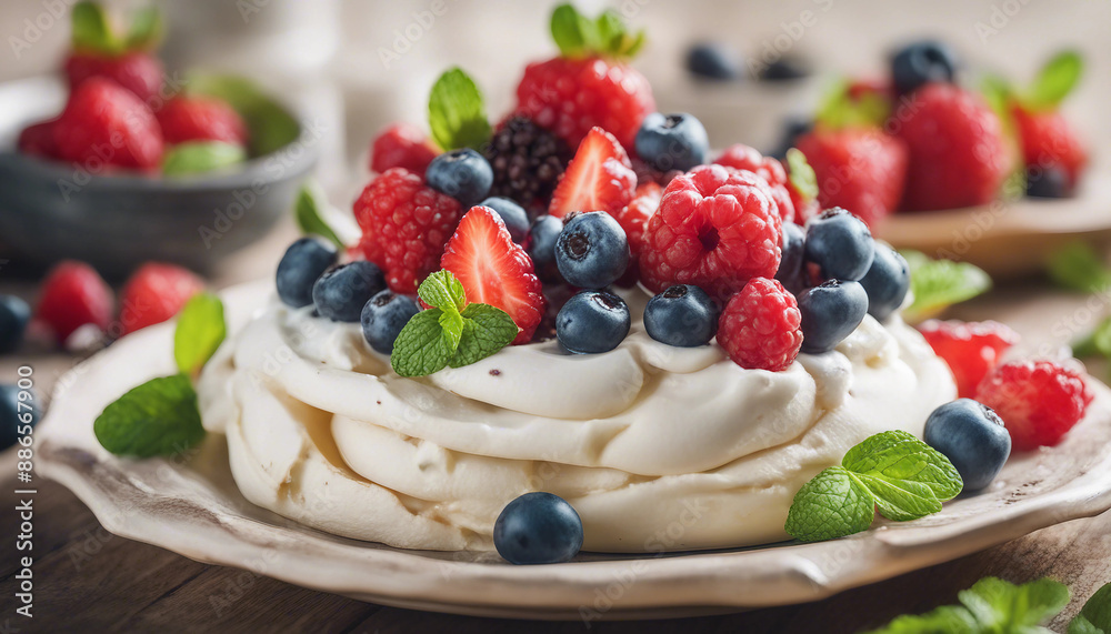 light and airy pavlova topped with fresh berries and mint leaves light and airy pavlova topped with fresh berries and mint leaves