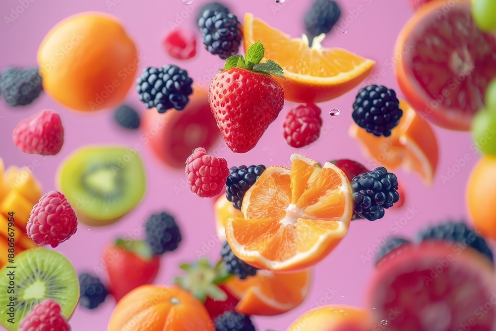 Fruit platter with various fruits flying in a colorful display Fruit platter with various fruits flying in a colorful display