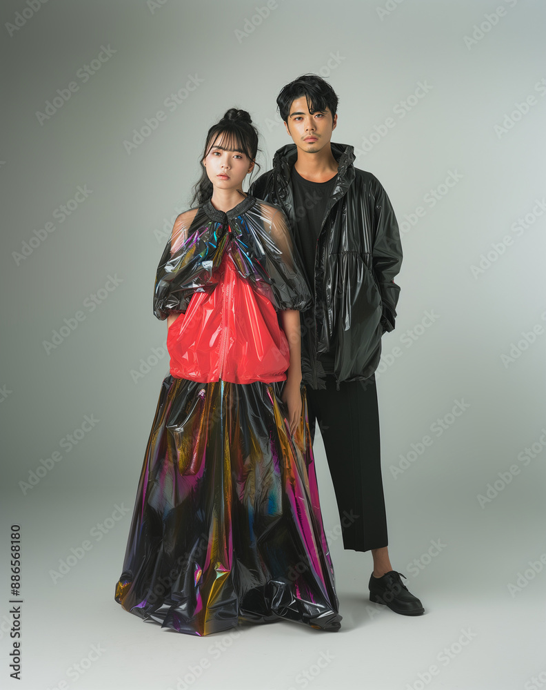 fashion photo shoot, young asian couple with with trendy modern art clothing. Black and colored plastic clothes 