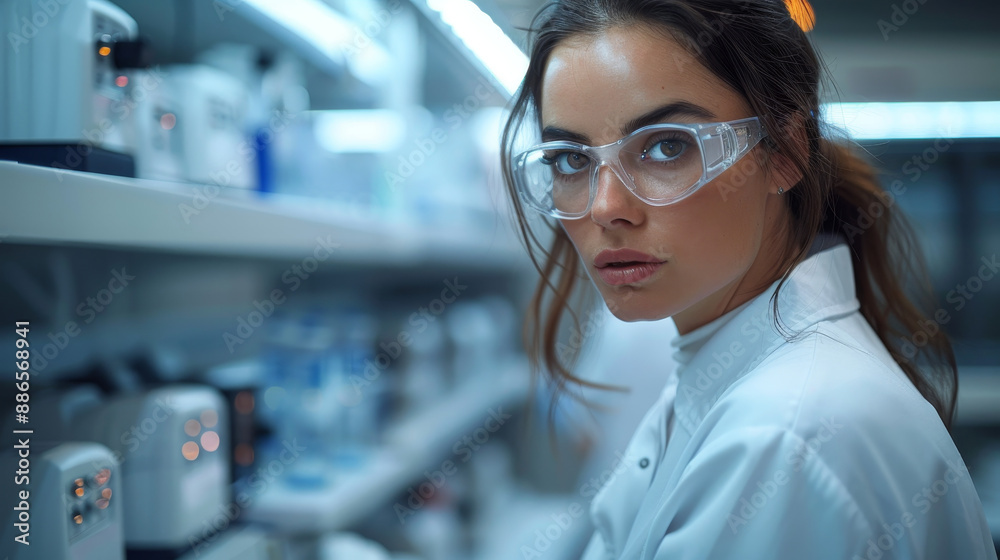 Female scientist in a lab coat and protective goggles working in a modern laboratory, surrounded by scientific equipment. Female scientist in a lab coat and protective goggles working in a modern laboratory, surrounded by scientific equipment.