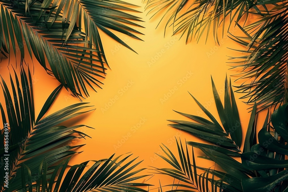 Tropical Leaves on Vibrant Orange Background Tropical Leaves on Vibrant Orange Background