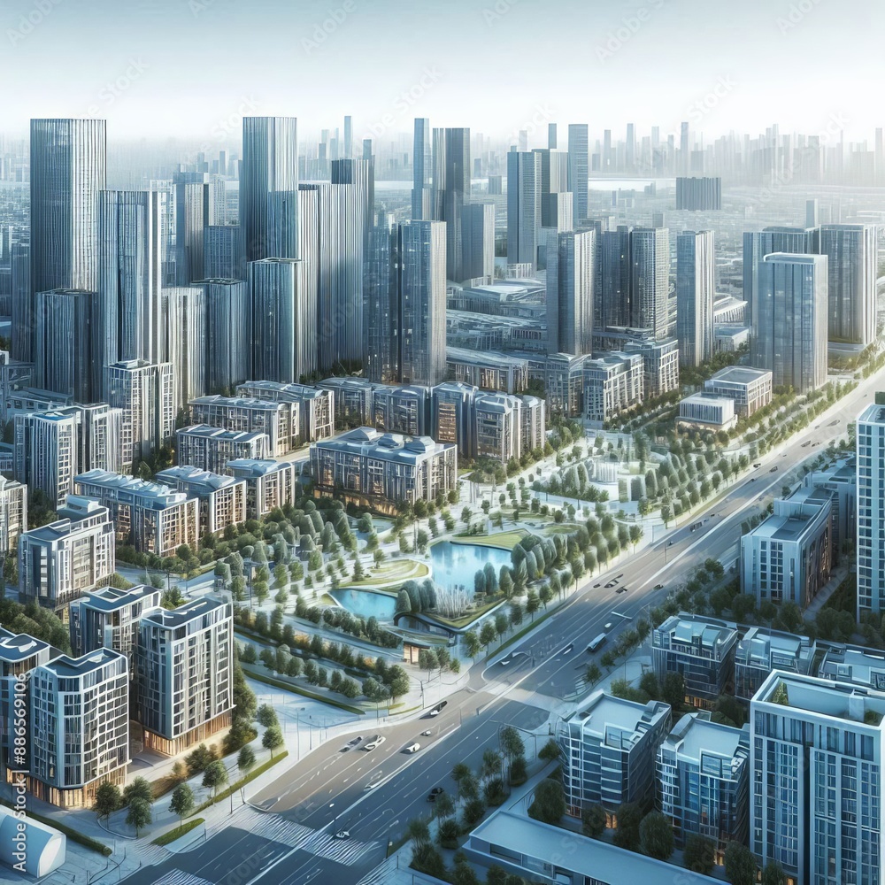 Obraz premium Современный городской пейзаж с высотными зданиями, улицами и парками. 