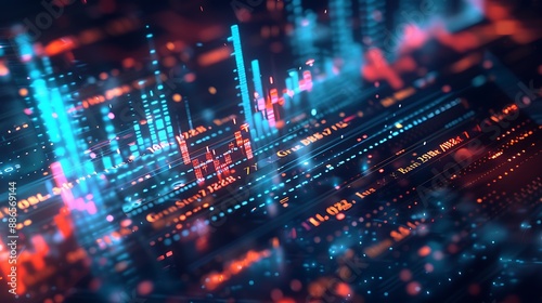 Abstract digital financial graph displaying upward trends and bullish market indicators, surrounded by futuristic digital elements, representing robust stock market growth and financial prosperity.