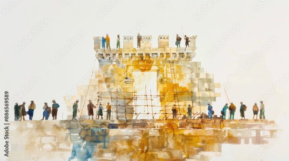 Fototapeta premium Rebuilding the Temple of Jerusalem, Ezra 1-6 & Haggai 1-2. Digital watercolor illustration.