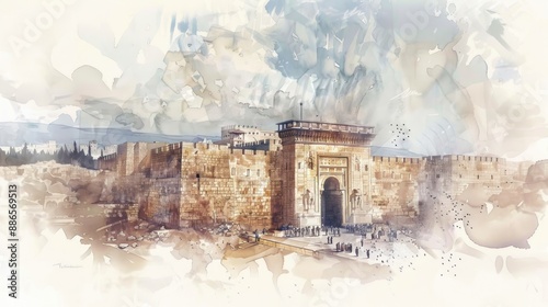 Rebuilding the Temple of Jerusalem, Ezra 1-6 & Haggai 1-2. Digital watercolor illustration. photo