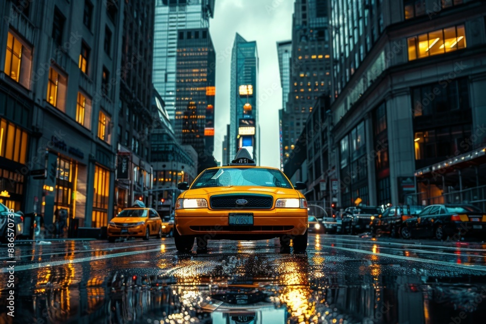 Obraz premium City Nightscape with Yellow Taxi