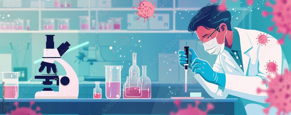 Lab technician in a sterile lab working with pipettes and microscopes to study virus samples