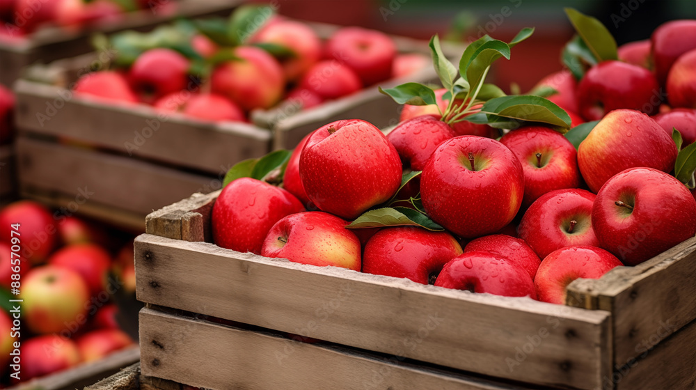 boxes of ripe red apples with leaves with drops of water on them, they are filled with wooden boxes, photo of red apples close-up boxes of ripe red apples with leaves with drops of water on them, they are filled with wooden boxes, photo of red apples close-up