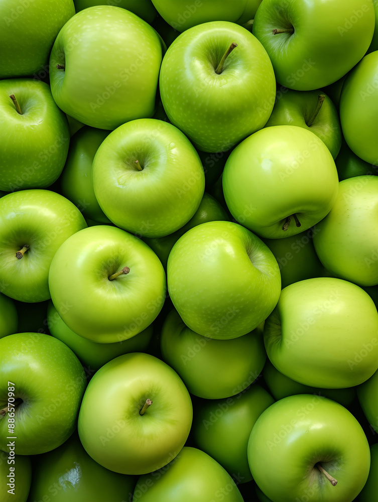 close up of green juicy apples lying in a heap, top view close up of green juicy apples lying in a heap, top view