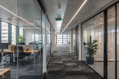 A modern office corridor with glass walls and workstations, reflecting a contemporary and collaborative workspace.