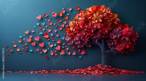 Paper Art Heart Tree with Colorful Leaves and Hearts on Blue Background
