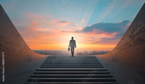 A businessman is walking up a stairway to success, holding a briefcase in his hand, with a cityscape
