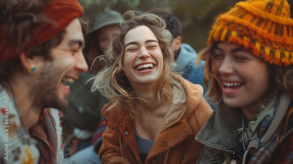 Joyful Friends Laughing Together in Casual Outdoor Setting Expressing Shared Happiness and Bonding Joyful Friends Laughing Together in Casual Outdoor Setting Expressing Shared Happiness and Bonding