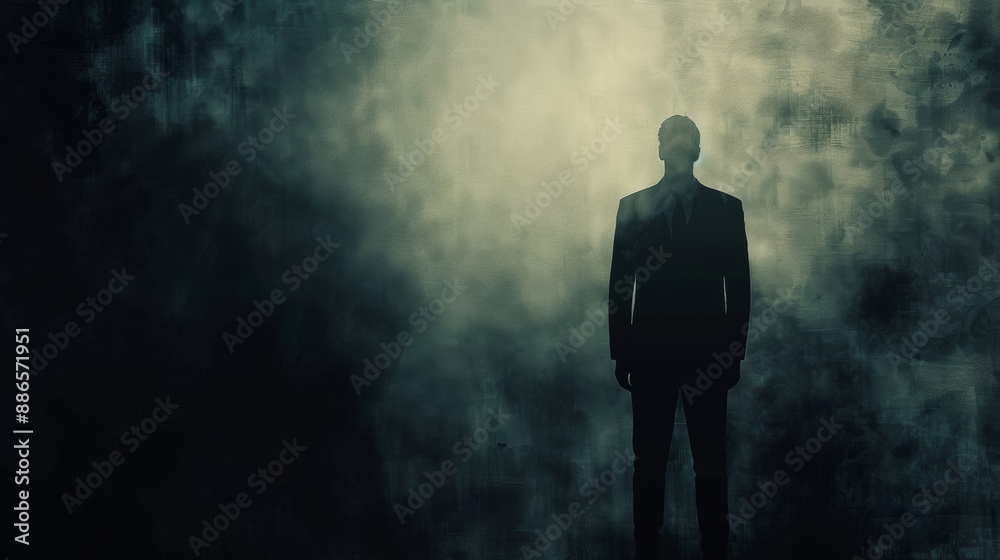 As a warning against ambition, a silhouette of a defeated businessman stands against the backdrop of despair. As a warning against ambition, a silhouette of a defeated businessman stands against the backdrop of despair.
