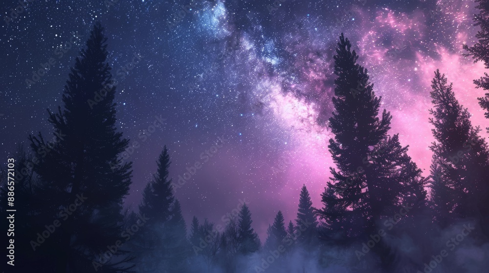Fototapeta premium In a cosmic violet and pink starry sky, silhouette forest trees create a breathtaking landscape against the celestial backdrop