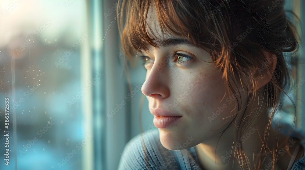 Pensive Woman Gazing Thoughtfully Through Window Reflecting on Fond Memories and Nostalgia