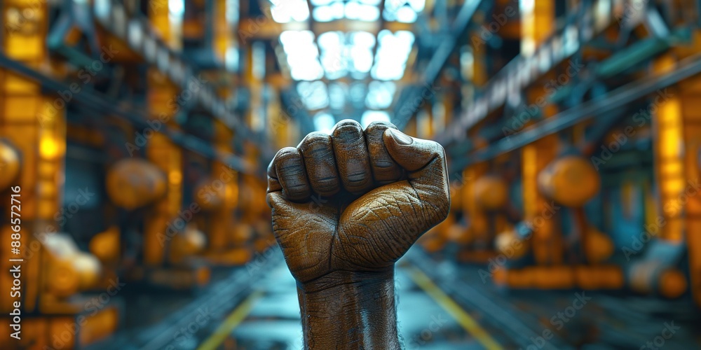 Fist raised upright over the rebellious industrial background. Rebel movement, fight for your rights. Ai generative Fist raised upright over the rebellious industrial background. Rebel movement, fight for your rights. Ai generative