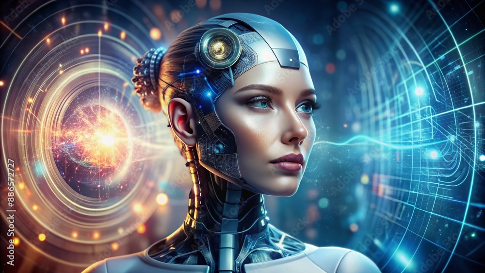 a woman that is connected to AI and cyborg technology in the future, futuristic biology, integration with artificial intelligence a woman that is connected to AI and cyborg technology in the future, futuristic biology, integration with artificial intelligence