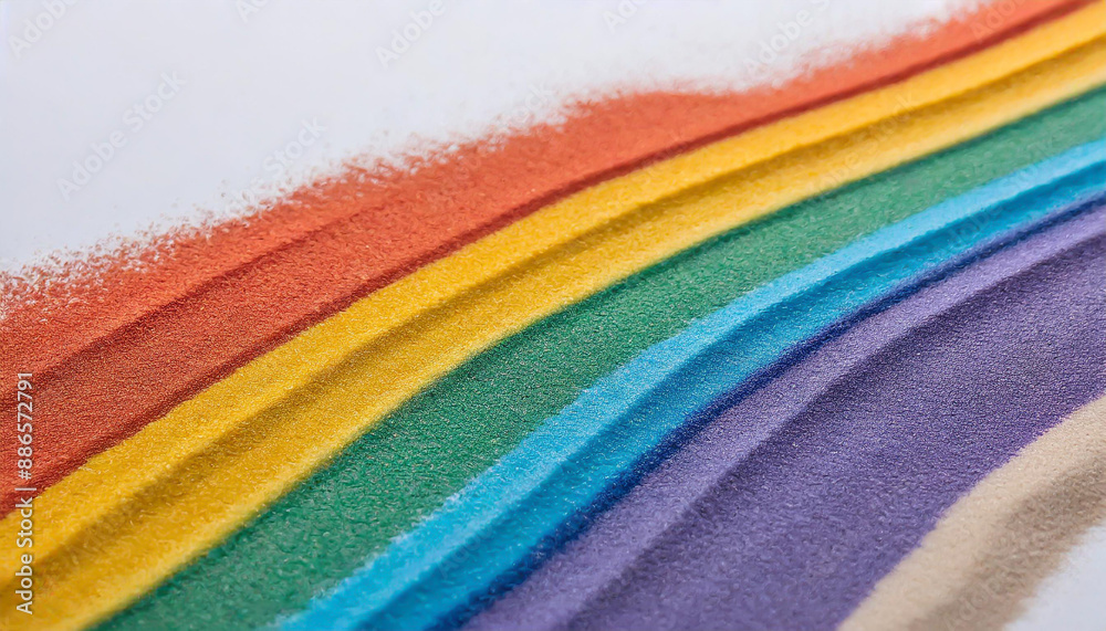 Close up of stripes of rainbow coloured sand and copy space on white background