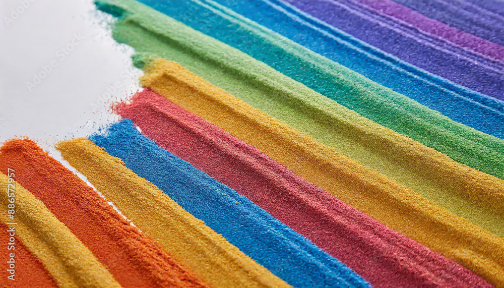 Close up of stripes of rainbow coloured sand and copy space on white background Close up of stripes of rainbow coloured sand and copy space on white background