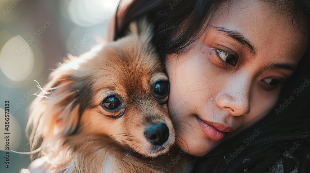 A small dog with an asian woman, closeup shot of human and pet love concept