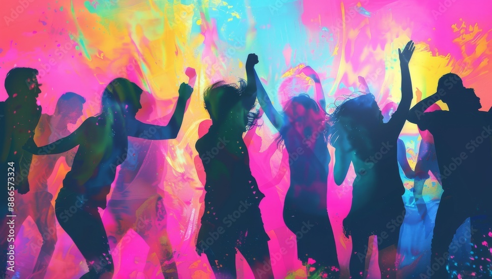 A silhouette of people dancing at midnight at a crowded party, with colorful lights and smoke in the background. A silhouette of people dancing at midnight at a crowded party, with colorful lights and smoke in the background.