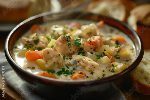 A steaming bowl of Waterzooi, a traditional Belgian creamy stew, featuring tender pieces of chicken simmered with carrots, leeks, and potatoes in a rich broth thickened with eggs and cream