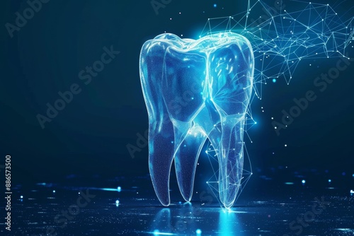 3D Hologram Of A Tooth, X-Ray Concept, Isolated On A Dark Blue Wallpaper With Copy Space, Dentistry Clinic Advertise, Dental Care