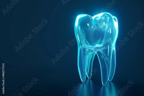 3D Hologram Of A Tooth, X-Ray Concept, Isolated On A Dark Blue Wallpaper With Copy Space, Dentistry Clinic Advertise, Dental Care