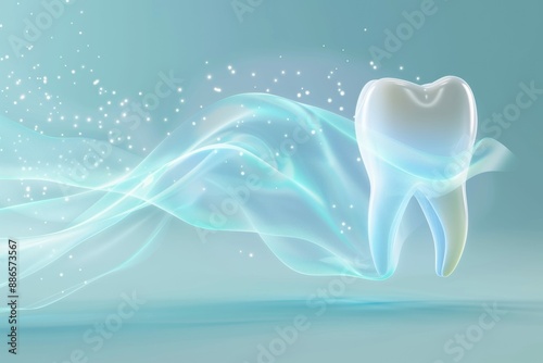 3D Icon Of A White Tooth With A Swirl Of Light Around It Isolated On A Pastel Blue Wallpaper With Copy Space, Concept Of Dentistry, Dental Care
