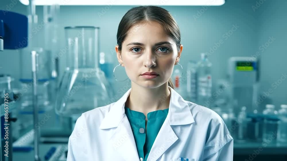 Confident young female scientist standing in her lab with a determined look. Confident young female scientist standing in her lab with a determined look.