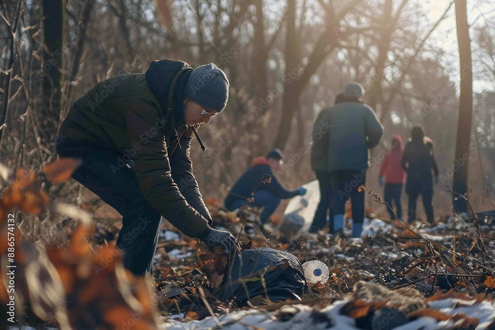 Obraz premium Volunteers group collecting trash in the forest Generative Ai