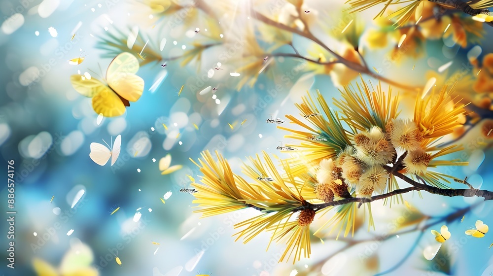 Autumn Larch Tree Foliage with Fluttering Whiteflies in Natural Setting Autumn Larch Tree Foliage with Fluttering Whiteflies in Natural Setting