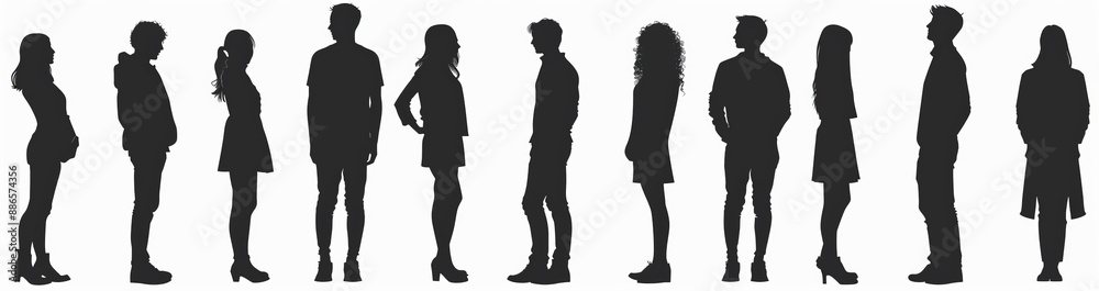 On a white background, a silhouette of a crowd of people stands On a white background, a silhouette of a crowd of people stands