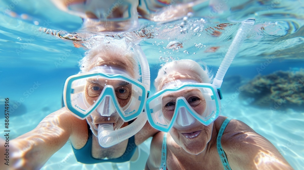 Fototapeta premium Senior couple in snorkel masks, taking a joyful selfie during a tropical sea excursion, crystal-clear water and vibrant marine life in the background