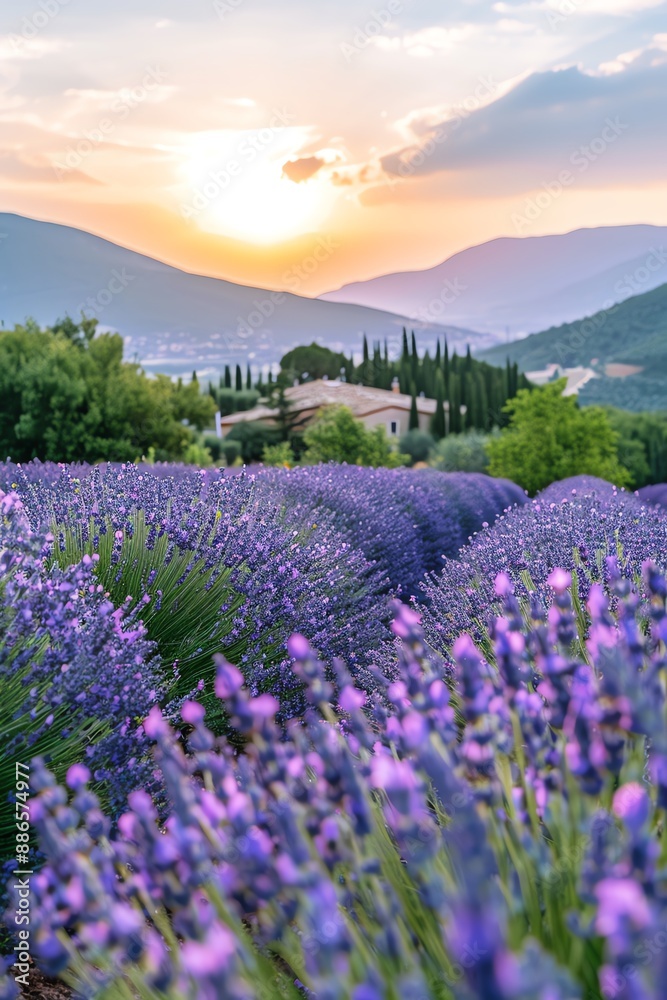 Fototapeta premium A panoramic view of a captivating lavender field in full bloom, highlighted by a soft purple hue and sunlight