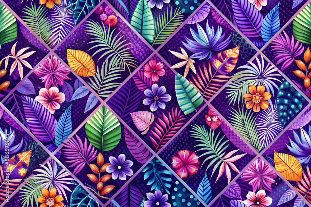 Fototapeta premium Tropical, geometric stained pattern fabric